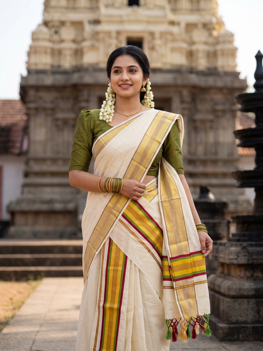 Southloom Kerala Cotton Kasavu Single Set Mundu (Mundum Neriyathum) with Maroon and Olive Green Border SLKK SL526