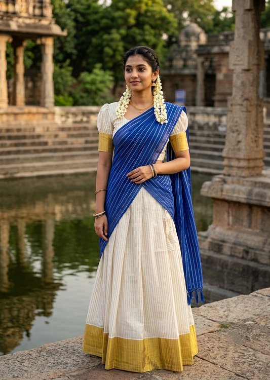 Southloom Semi UnStitched Cotton Stripes Dhavani Set with Pavada and Blouse Piece