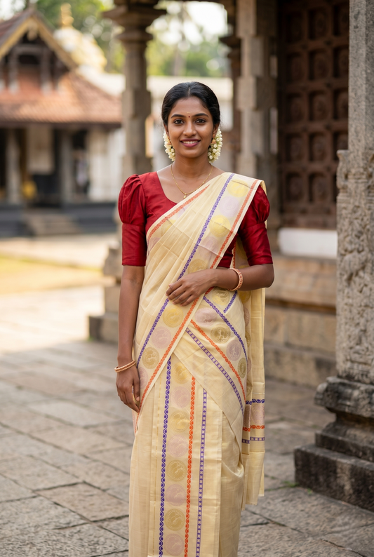Southloom Tissue Set Mundu with Gold Kasavu And Peacock Design With Blue and Orange in Borders 2.80 Mtrs SL379