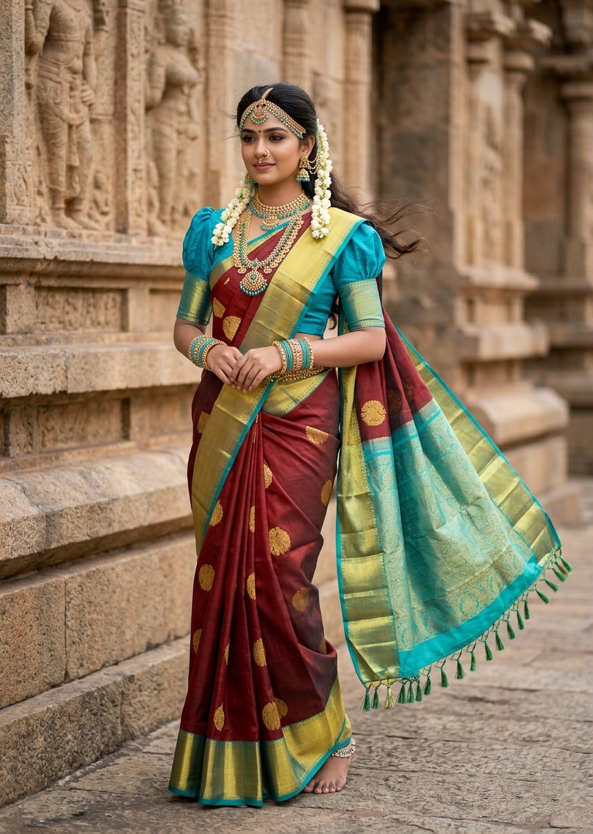 Southloom Premium Bridal Handloom Kanchipuram Silk Saree With Butta Works