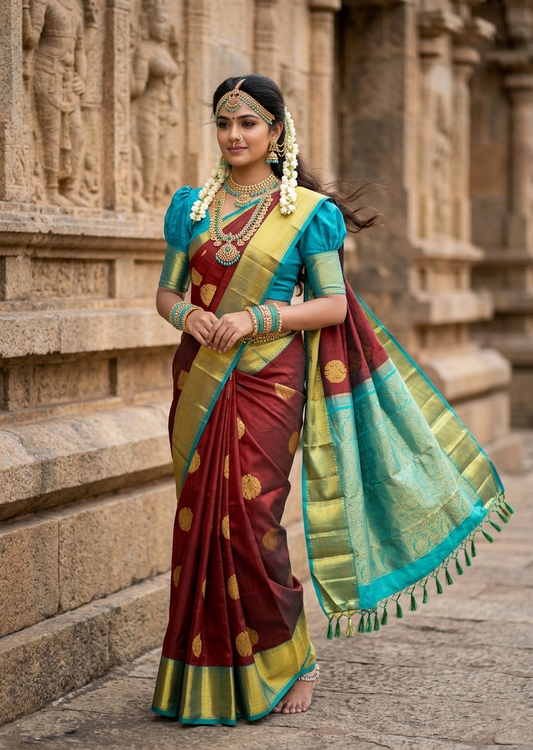 Southloom Premium Bridal Handloom Kanchipuram Silk Saree With Butta Works