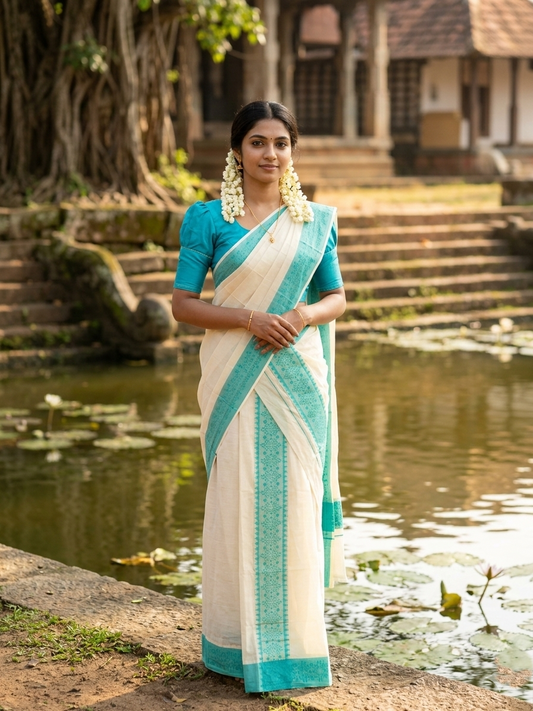 Kerala Cotton Single Set Mundu (Mundum Neriyathum) with Turquoise Temple Block printed Border in 2.80 Mtrs