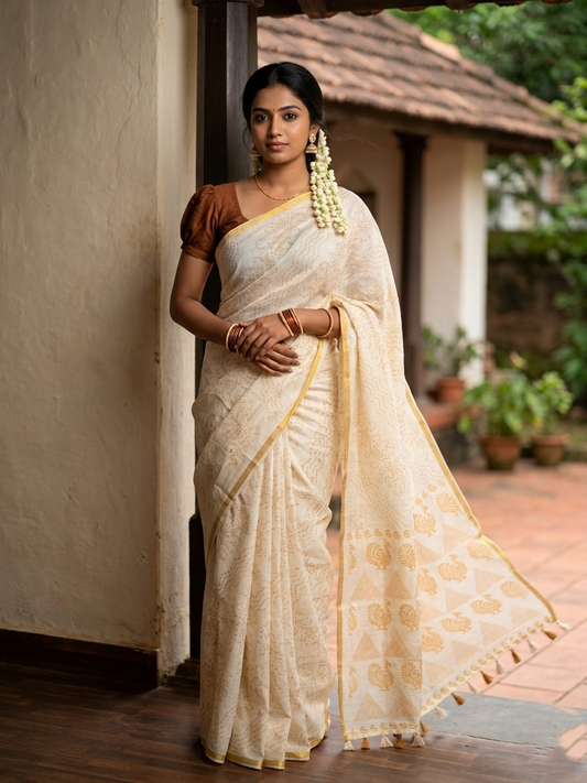Southloom Cotton Saree with Floral Works Across Body in Beige