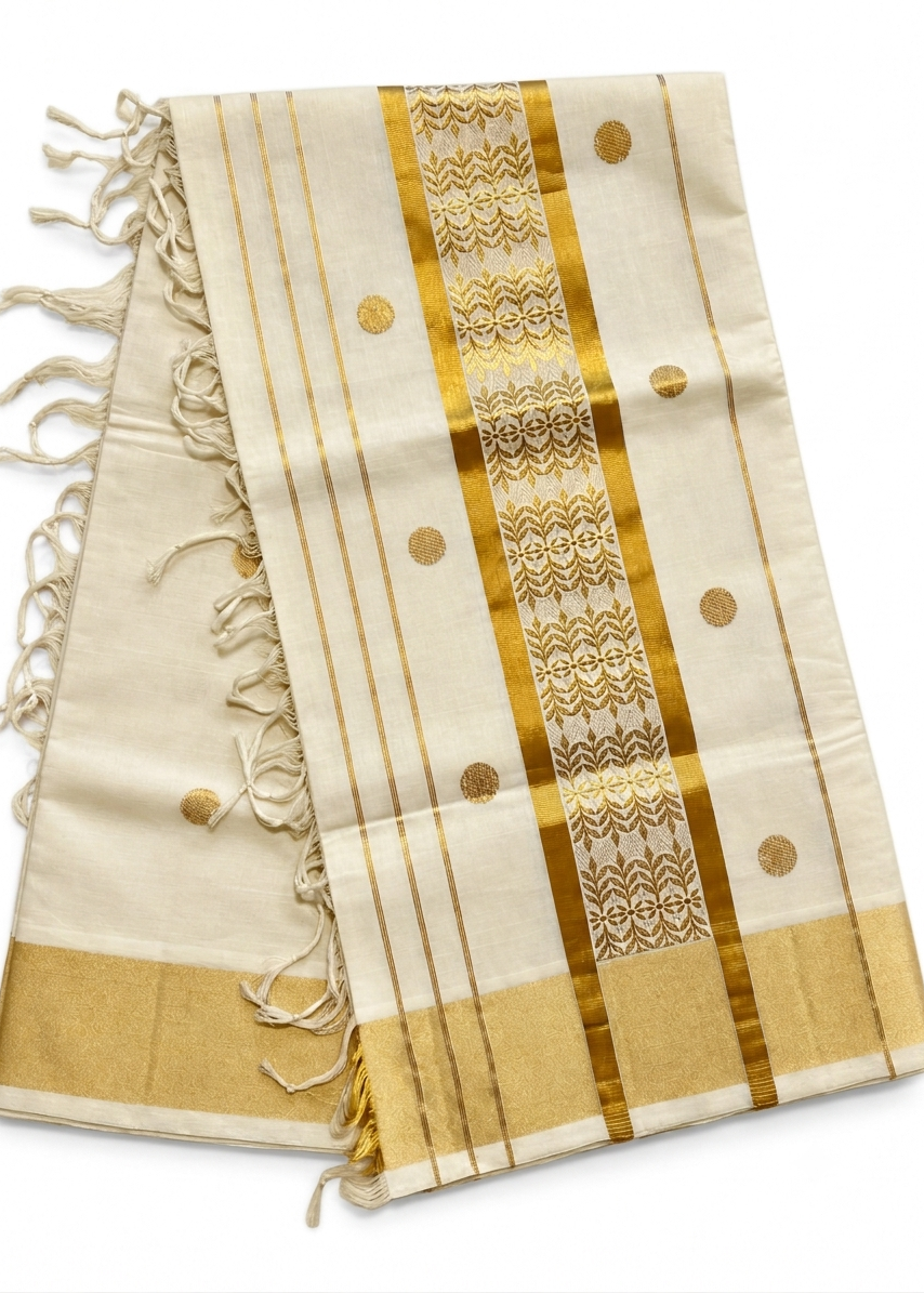 Southloom Kerala Cotton Handloom Balaramapuram Saree With Gold Polka Dot Design On Body SL635