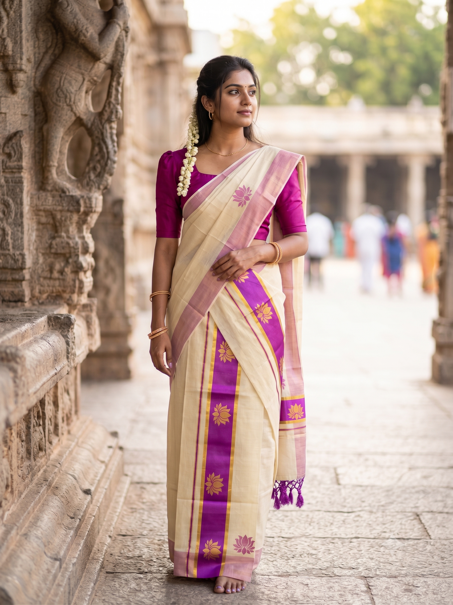 Southloom Kerala Cotton Kasavu Single Set Mundu (Mundum Neriyathum) with Lotus Design in Magenta SL546