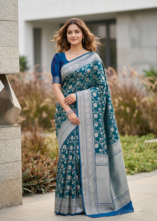 Southloom Pure Banarasi Silk Saree with Woven Work on Body and Borders (Green And Blue)