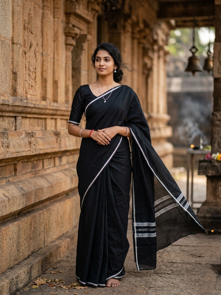 Southloom Kerala Sabarimala Black Simple Saree With White Kara