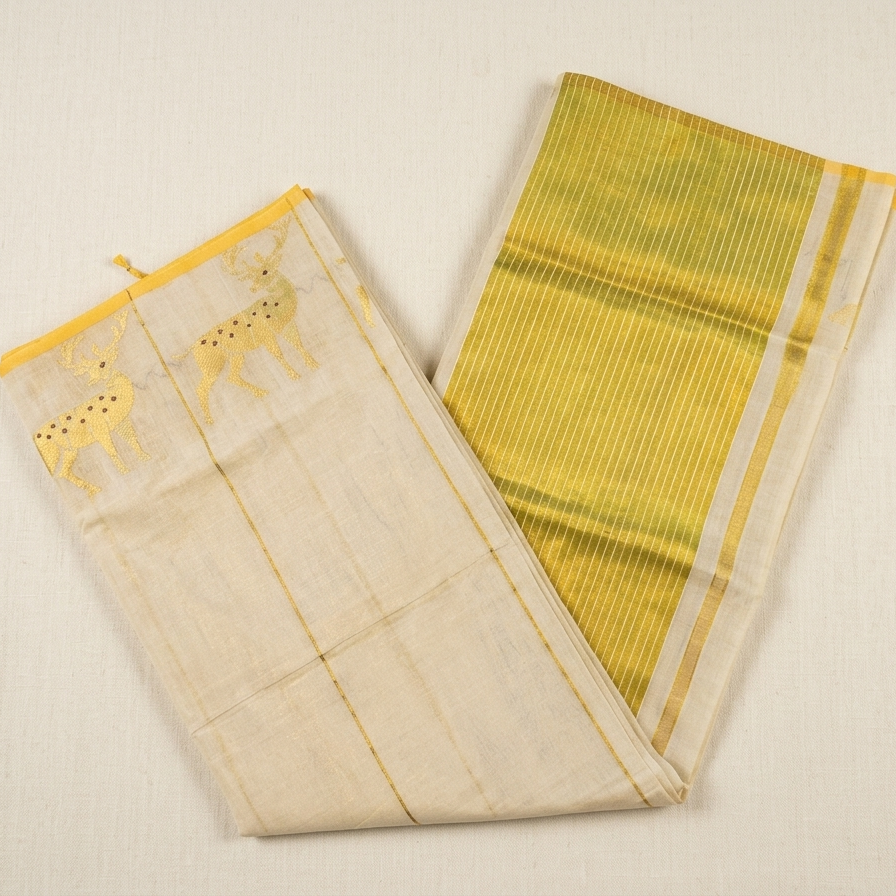 Southloom Premium Balaramapuram Handloom Tissue Saree With Deer Design SL575