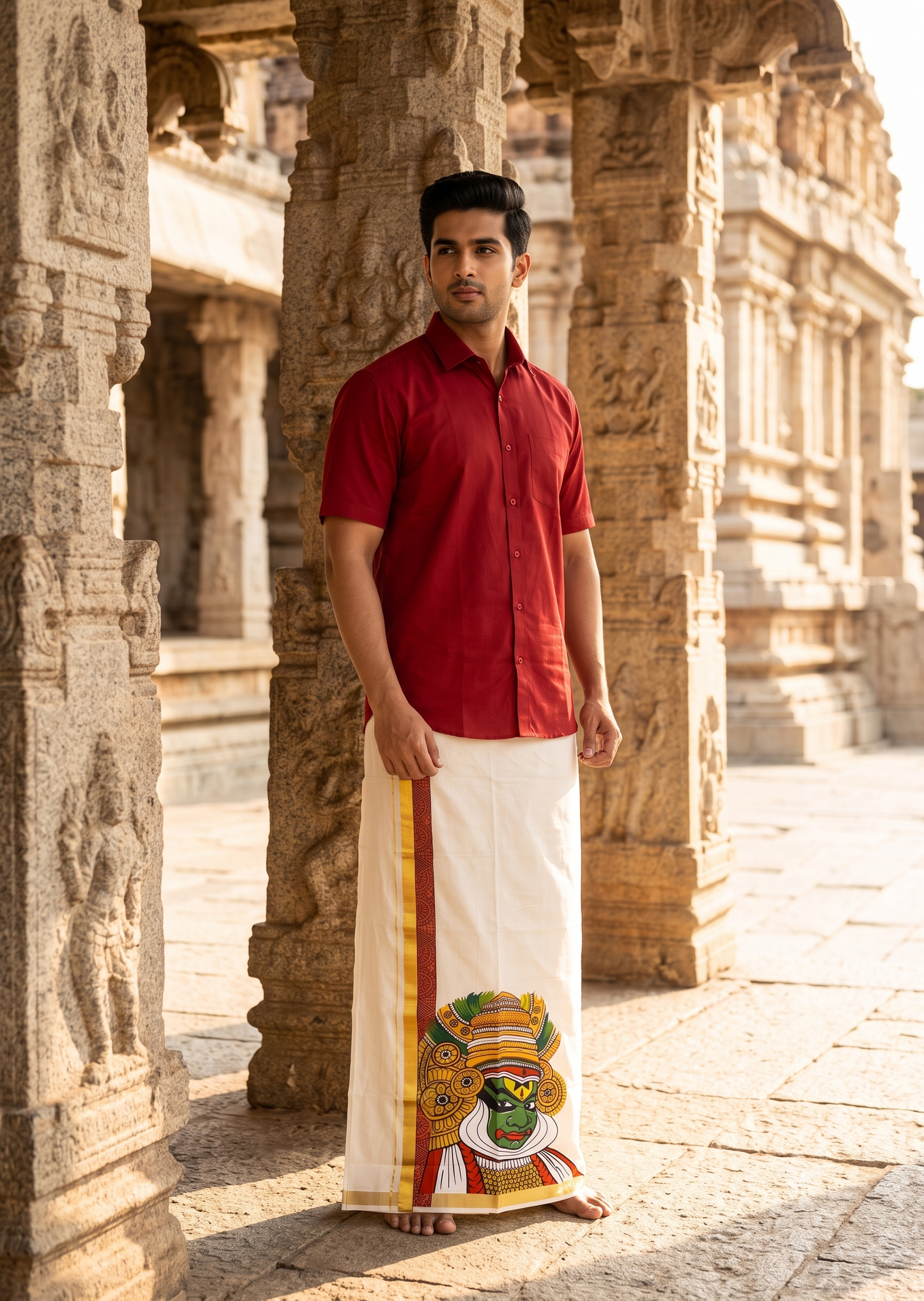 Southloom Pure Cotton Kadhakali Digital Printed Double Mundu (South Indian Kerala Dhoti)