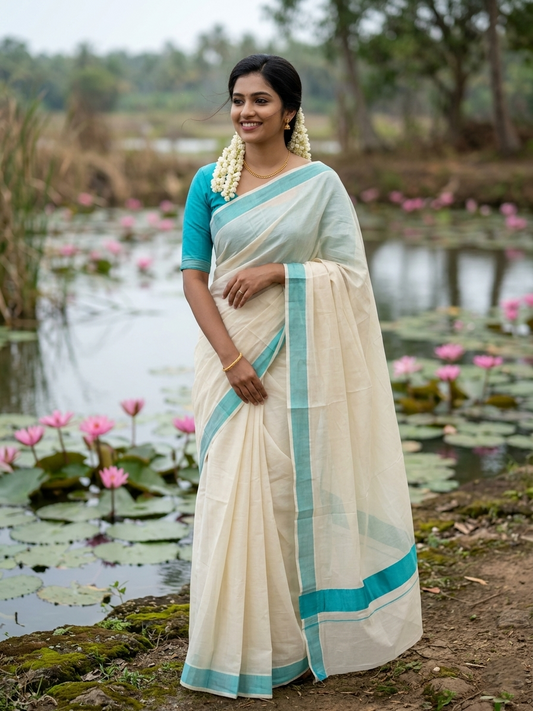 Southloom Kerala Pure Cotton Plain Kasavu Saree with Blue Border