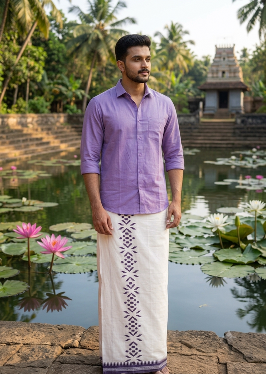 Southloom White Printed Single Mundu / Otta Mundu / Lungi (South Indian Kerala Dhoti)
