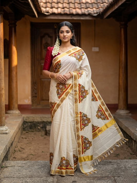 Southloom Pure Cotton Kerala Kasavu Lines Saree with Krishna Radha Mural Printed Art Design and Printed Border