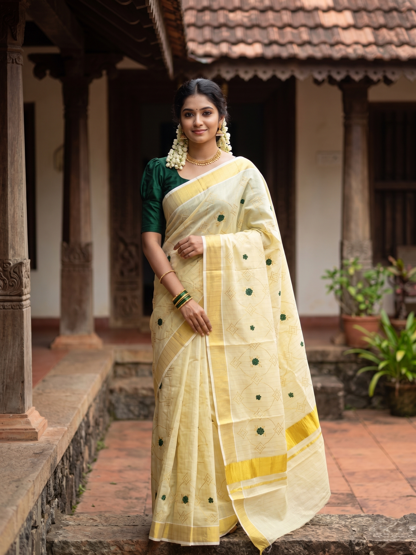 Kerala Tissue Kasavu Stripes Saree with Green Floral Embroidery Design on Body