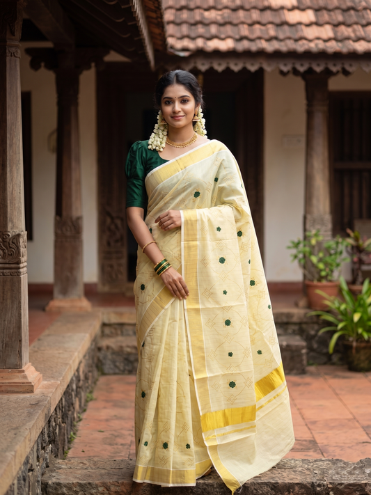 Kerala Tissue Kasavu Stripes Saree with Green Floral Embroidery Design on Body