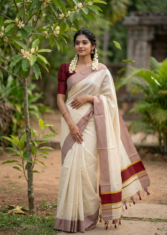 Southloom Kerala Tissue Kasavu Saree with Maroon Border