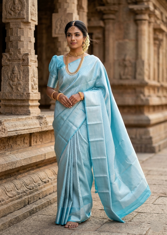 Southloom Brocade Silk Saree with Silver Zari Work in Blue Pastel Shade