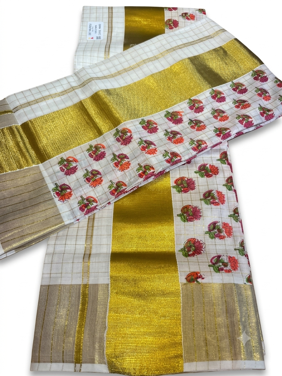 Southloom Kerala Check Pure Cotton Set Mundu with Gold Kasavu And Block Prints Across Body SL563