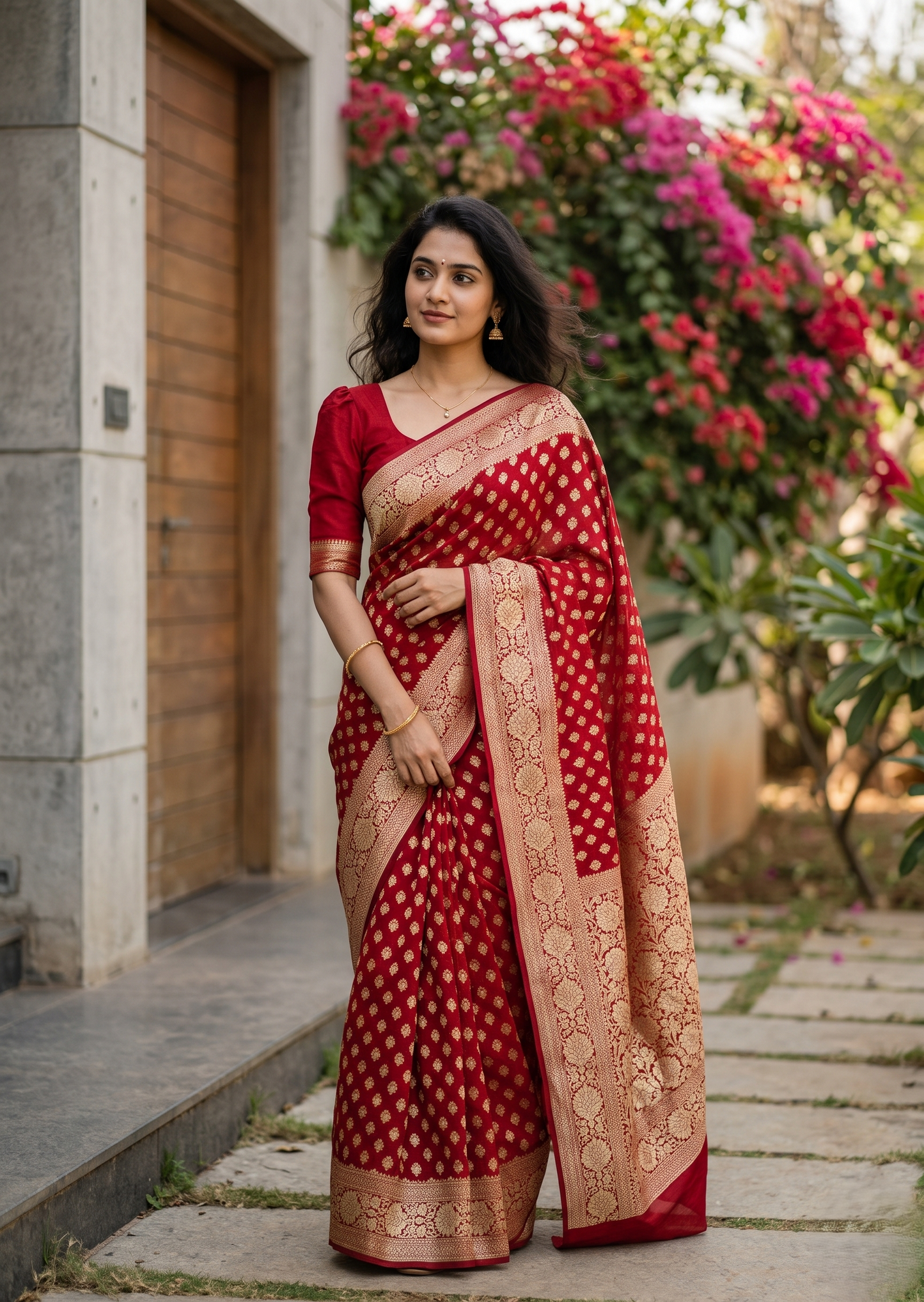 Southloom Cotton Banarasi Silk Saree with Woven Work on Body and Borders (Red)