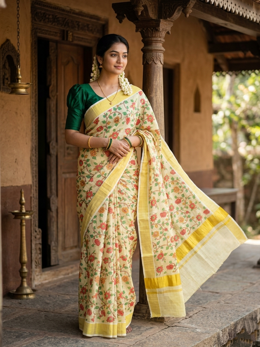 Southloom Tissue Check Kalamkari Print Kerala Kasavu Saree