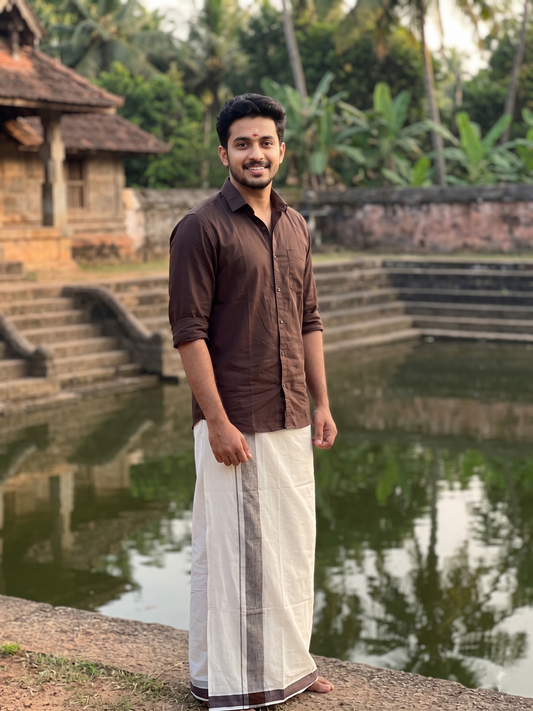 Southloom Kerala Pure Cotton Double Mundu with Brown Border (South Indian Kerala Dhoti)