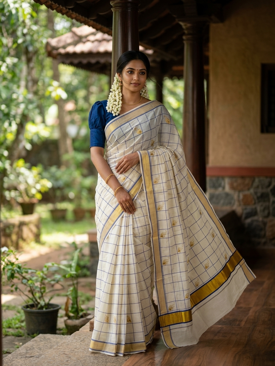 Southloom Cotton Kerala Kasavu Check Saree with Peacock Feather Embroidery Design in Blue
