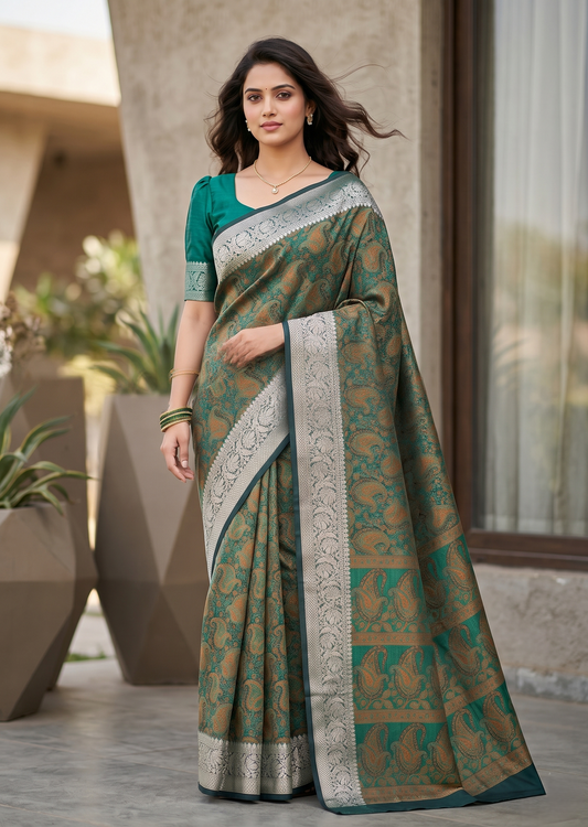Southloom Resham Work Soft Cotton Banarasi Saree with Woven Work on Body and Borders