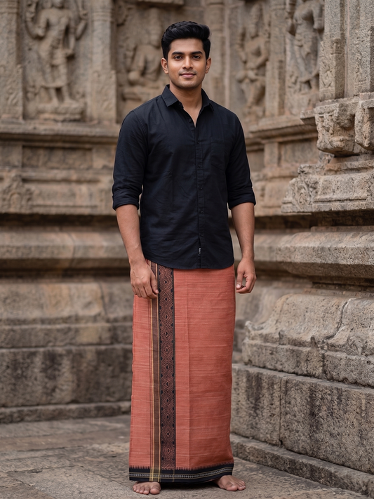 Southloom Saffron (Kaavi) Black Printed Single Mundu / Lungi (South Indian Kerala Dhoti)