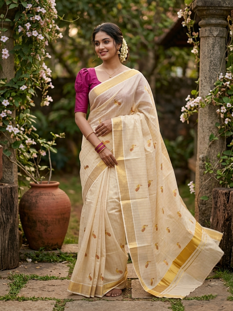Southloom Tissue Kerala Kasavu Lines Saree with Peacock Embroidery Work on Body in Magenta