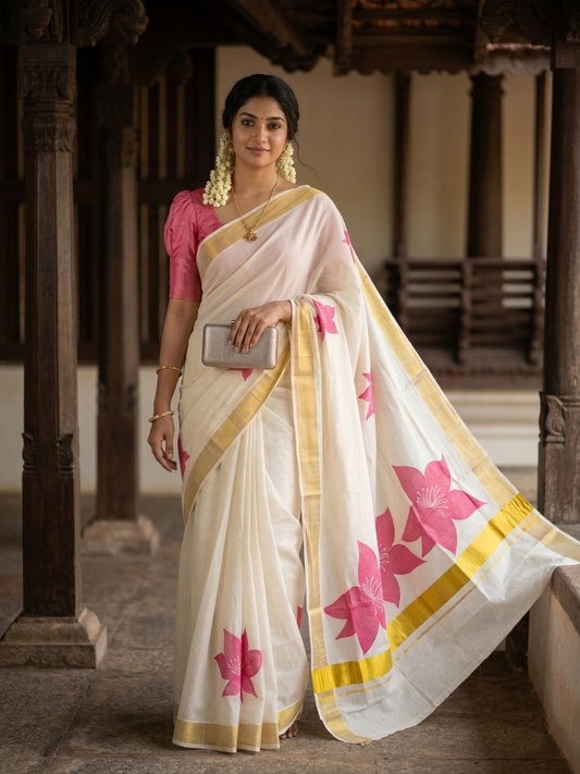 Southloom Exclusive Onam Kasavu Saree with Pink Floral Print Across Body in High Quality (Matching Printed Blouse Included)