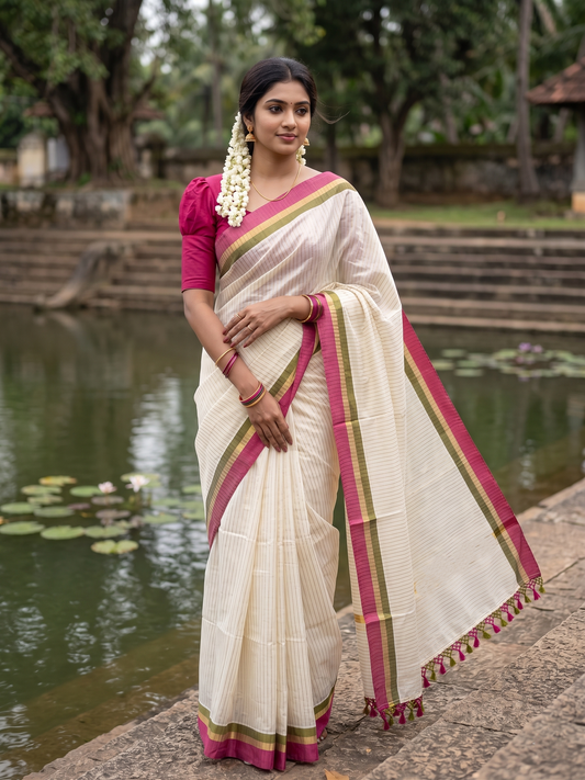 Southloom Cotton Kerala Kasavu Saree with Stripes on Body and Pink &Olive Green Border with Tussels SL492