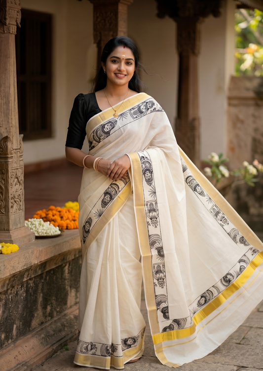 Southloom Cotton Kerala Kasavu Saree with Theyyam Mural Painted Design In Black SL486