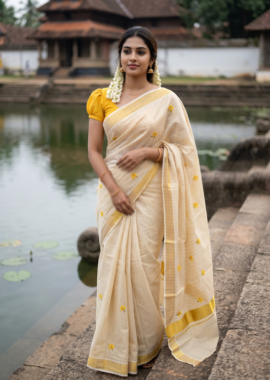 Southloom Kerala Tissue Kasavu Lines Saree with Yellow Floral Embroidery Work on Body