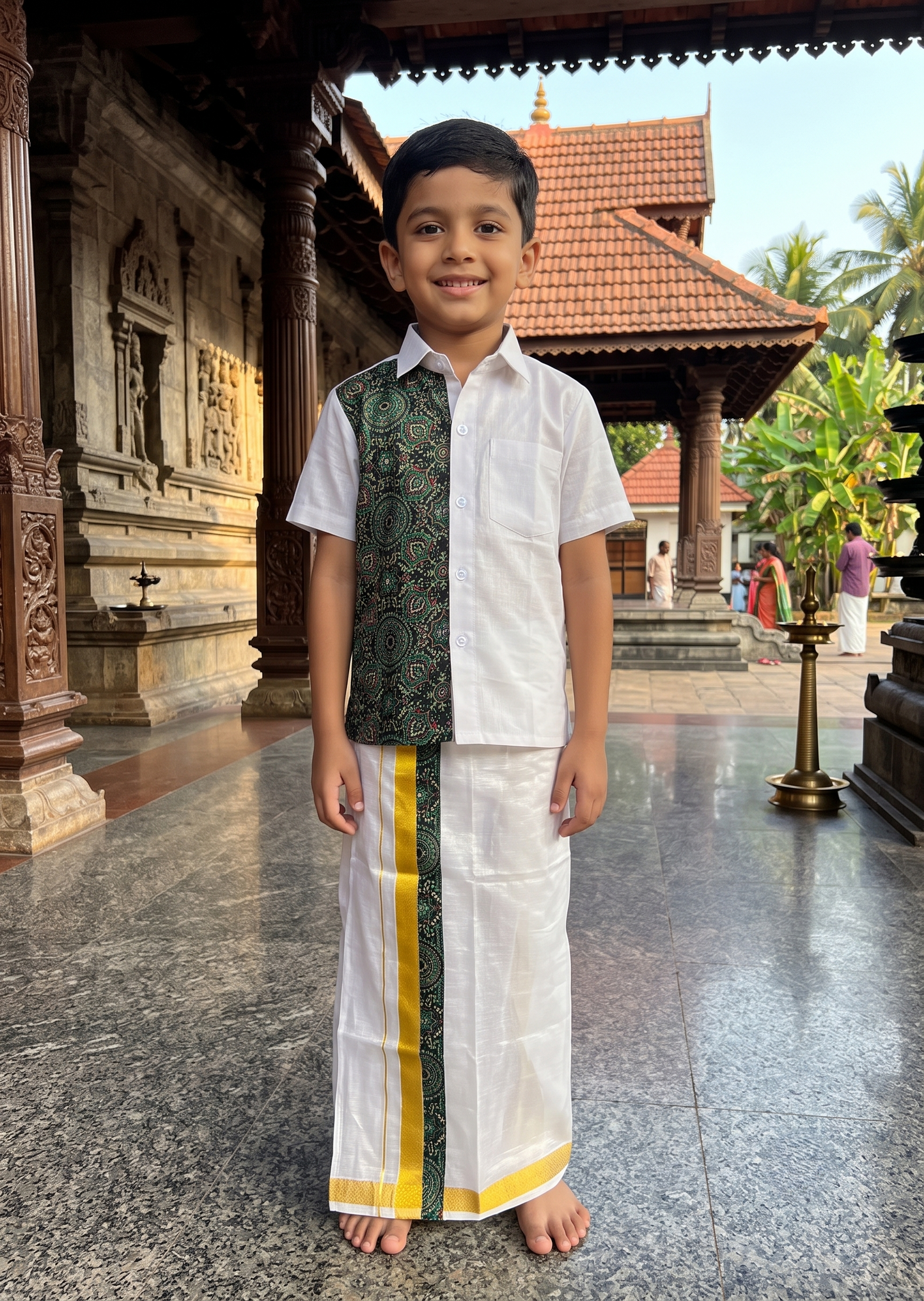 Southloom Tissue Ajrakh Printed Kids's Combo (Shirt + Velcro Mundu) SLKCOMBO