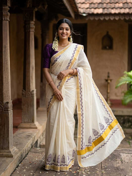 Southloom Cotton Kerala Kasavu Saree with Purple and Green Block Prints On Border