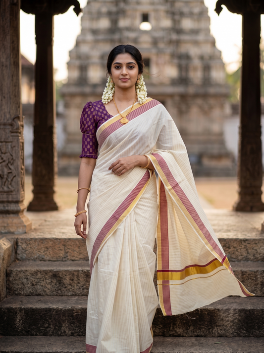 Southloom Pure Cotton Kerala Kasavu Lines Design Saree with Purple Border