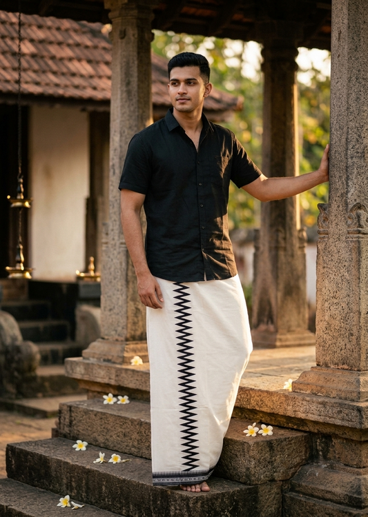 Southloom White Printed Single Mundu / Otta Mundu / Lungi (South Indian Kerala Dhoti)