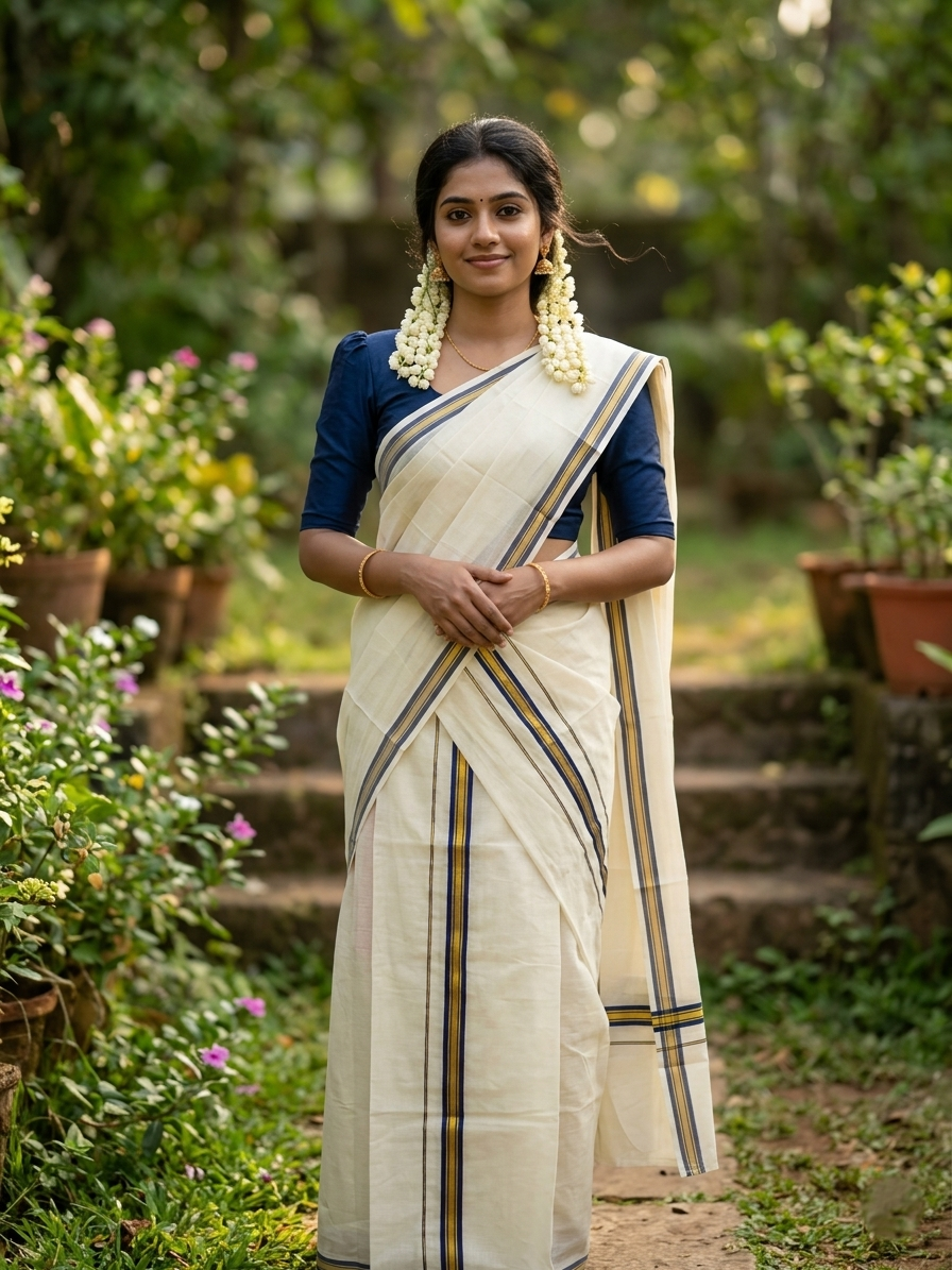 Pure Cotton Kerala Single Set Mundu (Mundum Neriyathum) with Blue Kasavu Border in 2.80 Mtrs
