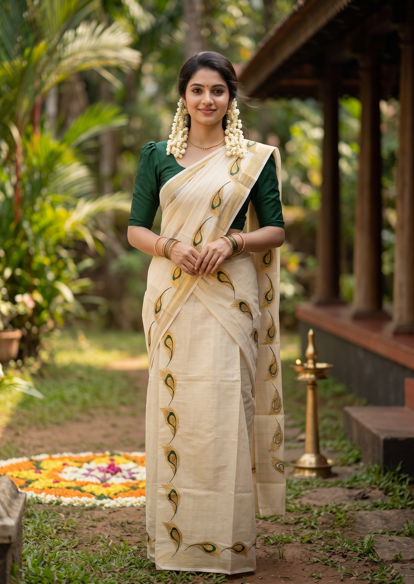Southloom Kerala Tissue Kasavu Single Set Mundu (Mundum Neriyathum) Green and Golden Feather Embroidery Work