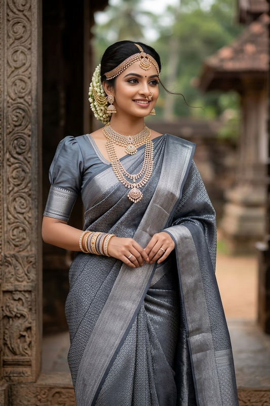 Southloom Brocade Bridal Silk Saree with Silver Zari Work in Grey Pastel Shade
