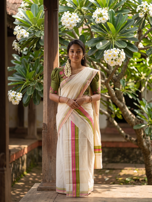 Kerala Cotton Kasavu Set Mundu (Mundum Neriyathum) with Pink Olive Green Border 2.80 Mtrs SLKK SL470