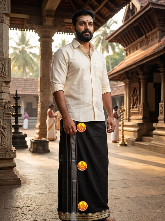 Southloom Black Printed Ayyapan Single Mundu / Otta Mundu  (South Indian Kerala Dhoti)