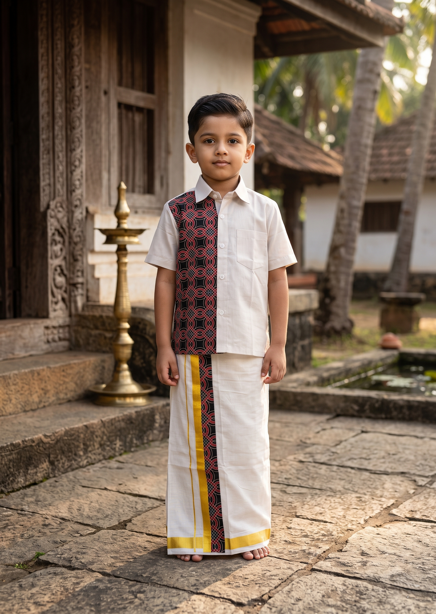 Southloom Tissue Ajrakh Printed Kids's Combo (Shirt + Velcro Mund )