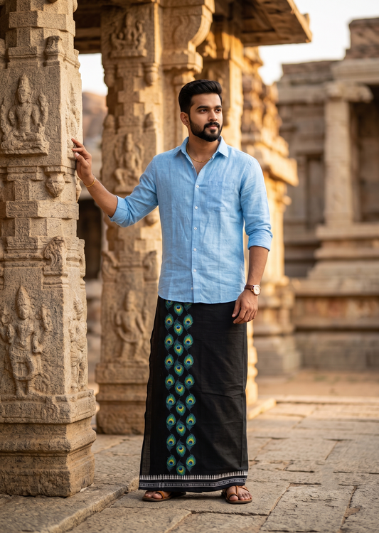 Southloom Black Printed Single Mundu / Otta Mundu / Lungi (South Indian Kerala Dhoti)