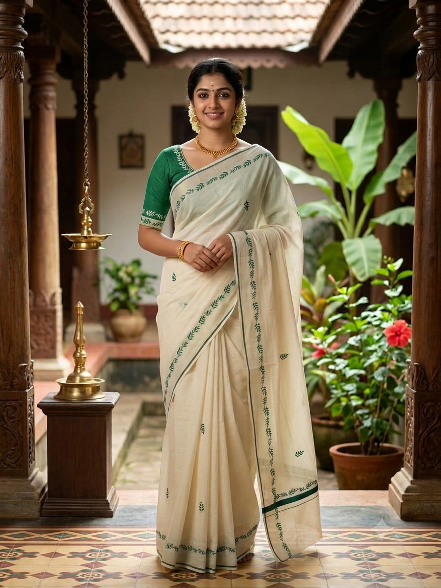 Southloom Cotton Kerala Saree With Green Prints On Border SL501