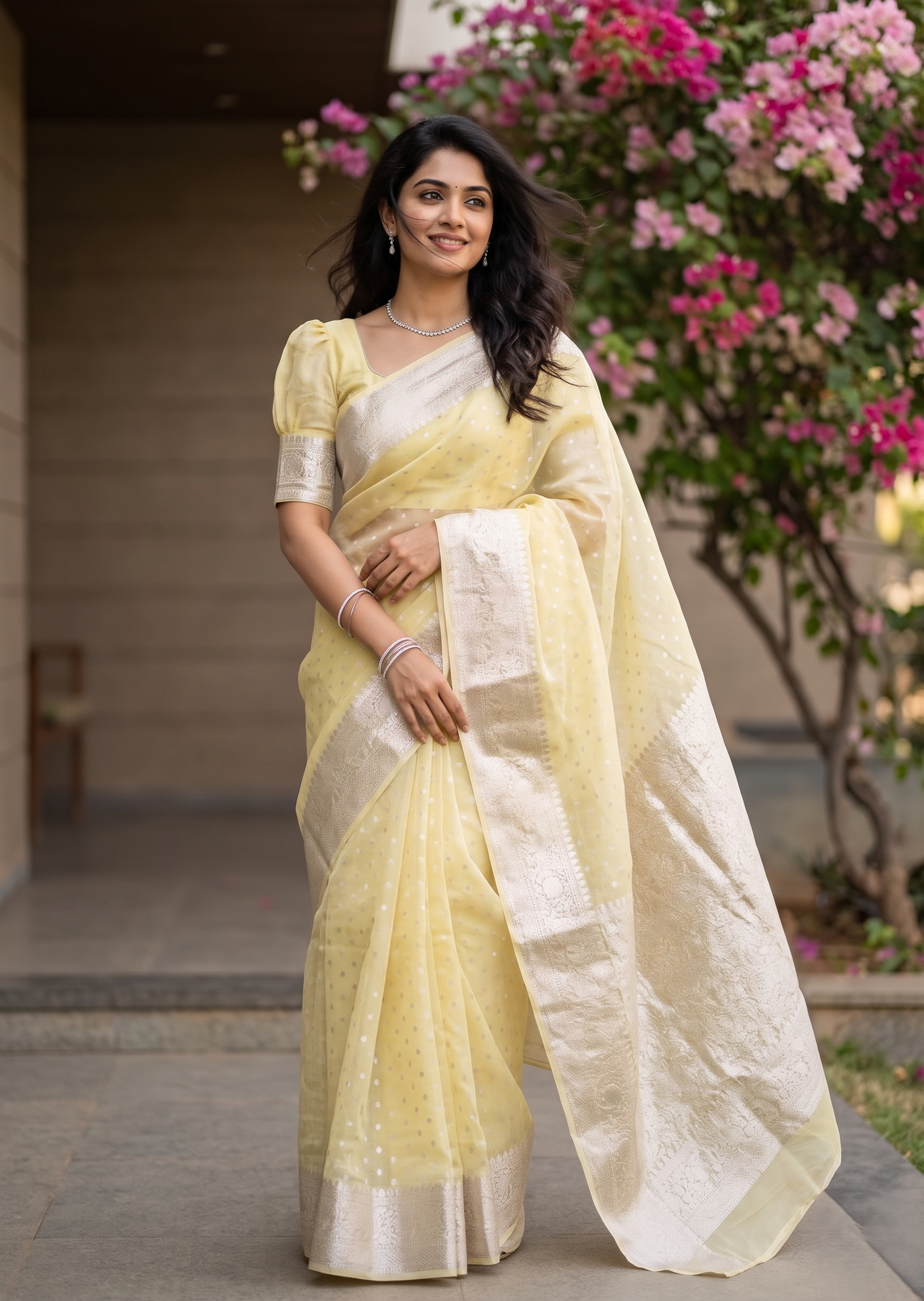 Southloom Cotton Banarasi Silk Saree with Woven Work on Body and Borders (Yellow)