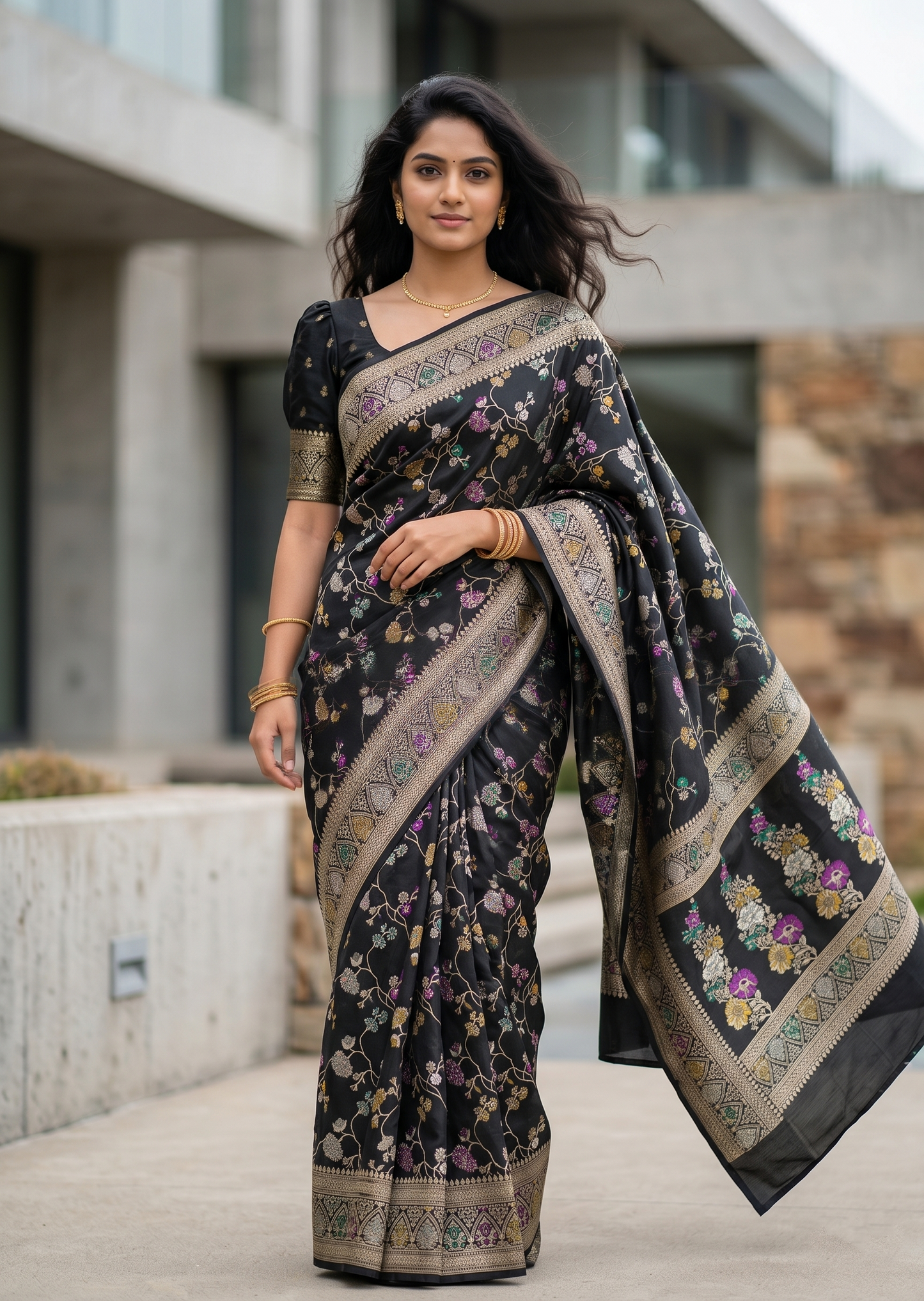 Southloom Pure Banarasi Silk Saree with Woven Work on Body and Borders (Black)