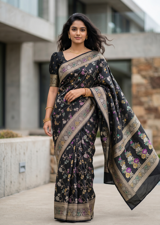 Southloom Pure Banarasi Silk Saree with Woven Work on Body and Borders (Black)