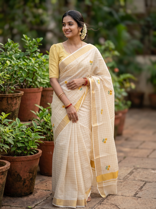 Southloom Kerala Tissue Kasavu Check Saree with Floral Embroidery Design in Yellow
