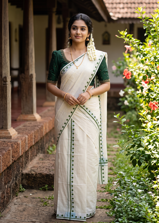 Southloom Pure Cotton Kerala Single Set Mundu (Mundum Neriyathum) with Digital Prints in Olive Green 2.80 Mtrs SL359