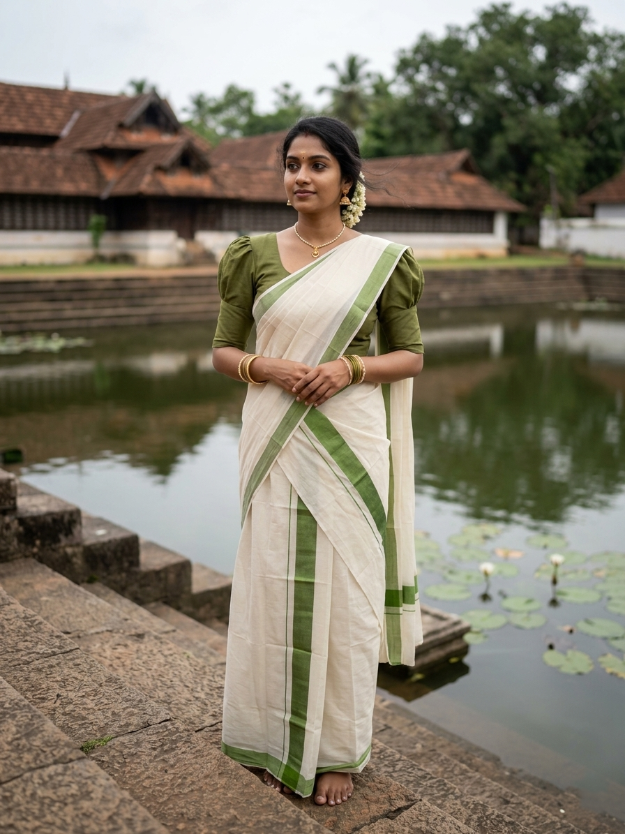 Southloom Pure Cotton Kerala Single Mulloth Set Mundu (Mundum Neriyathum) Olive Green Border in 2.80 mtrs SL270